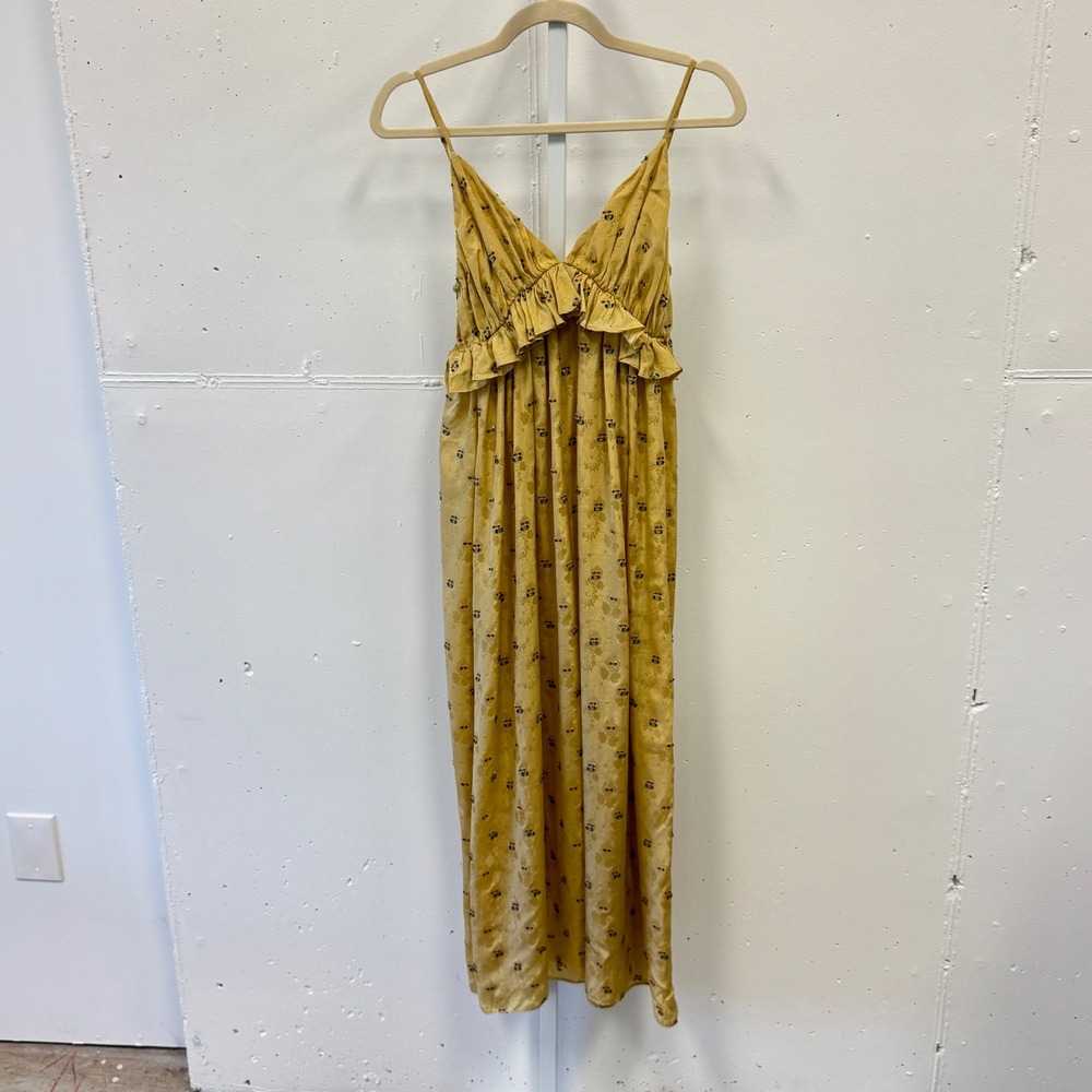 Saint Art Yellow‎ Floral Jacquard Maxi Dress Ruffle V-Neck Adjustable Straps